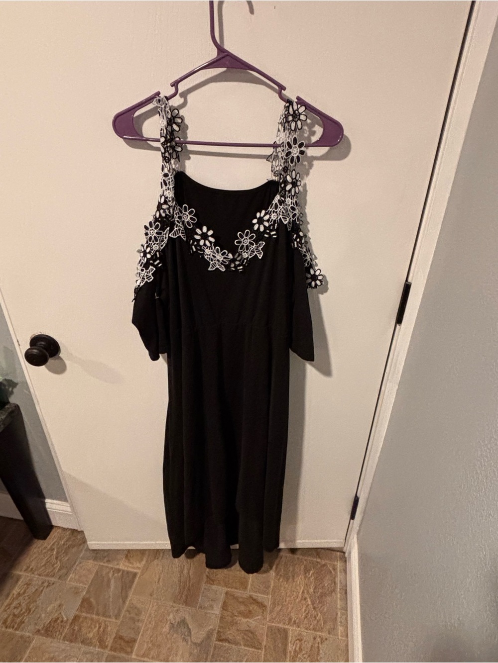 Black Cold-Shoulder Dress with White Floral Crochet Trim